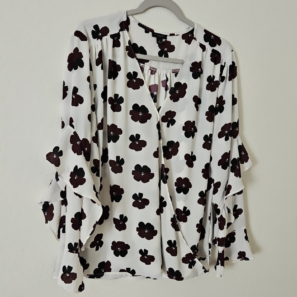 Ann Taylor White Blouse with Black Floral Pattern